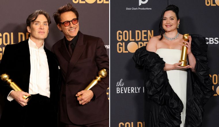 Robert Downey Jr, Cillian Murphy and Lily Gladstone poses with their trophies at the 81st Annual Golden Globe Awards in Beverly Hills, California on January 7, 2024